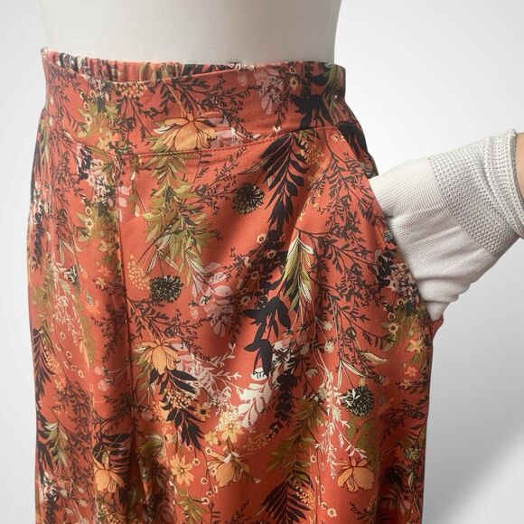Rewash Super Flare Palazzo Pants Women Size M Orange Floral Elastic Waist Boho - Picture 3 of 8